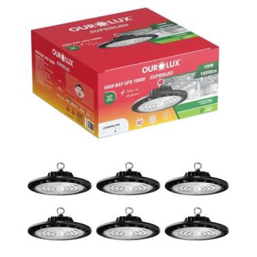 Imagem de 6 Luminárias High Bay UFO Preto 100W Bivolt Cor da Luz Branco Frio 650