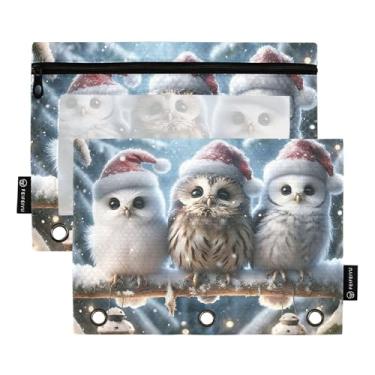Imagem de Pasta de lápis com 3 anéis para sala de aula, fichário com zíper, pastel, transparente, estojo para canetas, escola, corujas de Natal fofas, 25 x 18 cm, 2 pacotes