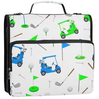 Imagem de Bolas para carrinhos de golfe brancas com 3 argolas de 3,8 cm, anel em D, fichário com zíper, fichário com alça, bolsa de ensino médio, pasta de portfólio de armazenamento de negócios com alça, 34,5 x