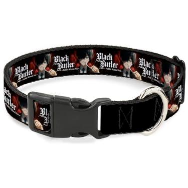 Imagem de Coleira para animais de estimação Crunchyroll, fivela de plástico para coleira de cachorro, pose de garfo Black Butler Ciel Phantomhive e logotipo do título, 23 a 33 cm de largura