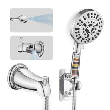 Imagem de Bico de banheira de metal com desviador, chuveiro de mão de alta pressão com 10 configurações com filtro, conjunto de bico de banheira deslizante, torneira de banheira com pulverizador, cromado