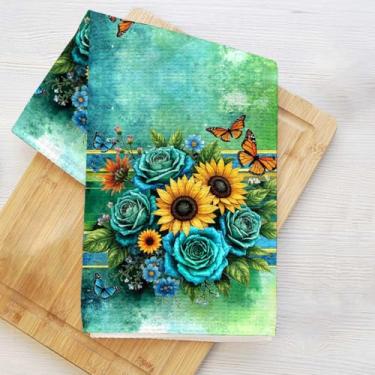 Imagem de Toalhas de cozinha boêmias de girassol e rosa petróleo, toalha de prato decorativa de microfibra absorvente, toalhas de mão de waffle para cozinha, casa de banho, presentes de inauguração de casa