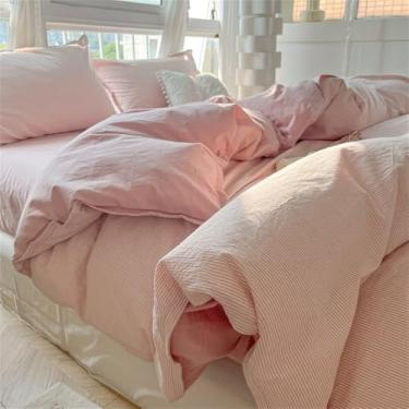Imagem de Conjunto de cama de solteiro/casal com listras finas e simples, macio e agradável ao toque, com capa de edredom e lençóis. Tamanho C (4 peças), ideal para camas de 1,5 m.