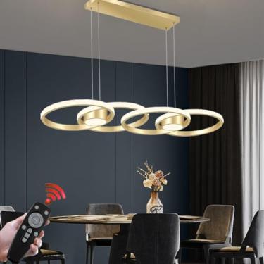 Imagem de Luminária pendente LED com anel dimerizável, moderna, para sala de estar, com controle remoto, ideal para ambientes internos como sala de estar, quarto, cozinha e sala de jantar (Cor: Dourad
