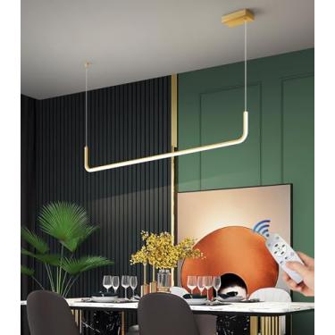 Imagem de Luminária pendente LED moderna e simples em formato de U, com altura ajustável, 90 cm, dimerizável, com controle remoto, ideal para sala de jantar, escritório e bar (Dourada, A90)