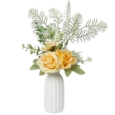 Imagem de PartyforU Flores artificiais com vaso – flores falsas de rosa amarela em vaso para mesa de centro de mesa, decoração de casa, arranjo floral para escritório, sala de estar, casa de fazenda, decoração