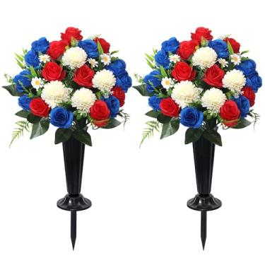 Imagem de Wocst Flores de cemitério para sepultura, 24 cabeças artificiais grandes crisântemos rosa margarida com vaso de cemitério, flores artificiais de cemitério para decorações de túmulos ao ar livre