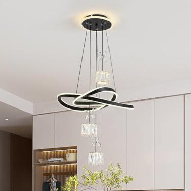 Imagem de Luminária pendente LED para mesa de jantar, lustre moderno com controle remoto, luz de cristal ajustável, ideal para sala de jantar, cozinha, escritório e sala de estar (Preto, B)