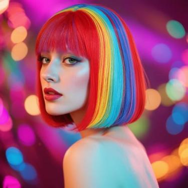 Imagem de Touca de cabelo + peruca arco-íris bob, perucas de arco-íris para mulheres, roupas divertidas, peruca de palhaço, perucas curtas multicoloridas, cabelo sintético colorido, festa de carnaval, festa de