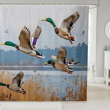 Imagem de Erosebridal Cortina de chuveiro de pato rústico 183 cm L x 182 C - Conjuntos de cortina de chuveiro de banheiro de patos selvagens do campo - Cortinas de banho à prova d'água com paisagem natural de