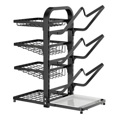 Imagem de Rack de Tampa Condimentos e Panelas Aço Carbono 2 Lados 7 Andares Pratos para Armário Altura Ajustável Organizador Tampas Múltiplos com Bandeja Goteja