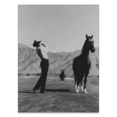 Imagem de Haitunone Arte de parede em preto e branco caubói ocidental golfe moderno jogador de golfe em tela esportiva impressões fotográficas vintage para sala de estar escritório decoração de parede 30,5 x