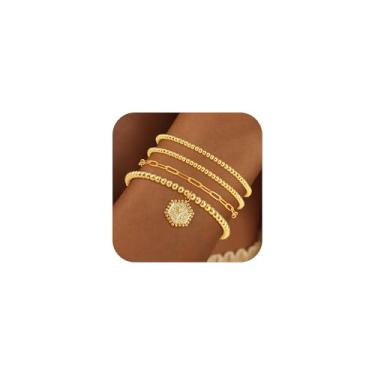 Imagem de Eaciy Boas pulseiras com inicial inicial para mulheres e meninas – Pulseiras hexagonais com inicial hexagonal banhada a ouro 18 quilates, empilhável, delicada, letra A-Z, pingente de letra, elástico