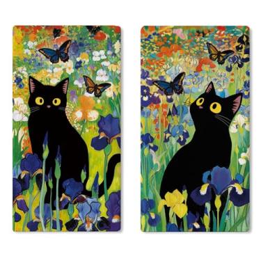 Imagem de Croar Conjunto de 2 toalhas de prato florais de gato preto primavera verão, toalha de mão de secagem de borboleta de flor de íris, pano de cozimento, flores silvestres para banheiro, decoração de casa