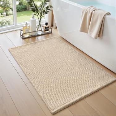 Imagem de DEXI Tapetes de banheiro 40 x 61 cm, tapete de banho lavável antiderrapante, tapete de chenille absorvente com suporte de borracha, tapete grosso ultra macio para banheira e chuveiro, bege