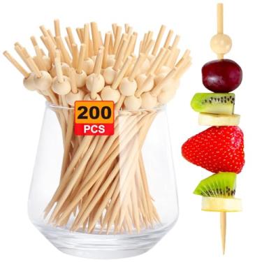 Imagem de 200 unidades de Palitos Cocktail Bambu Natural Espetos Madeira para Petiscos Bebidas e Comida Decorativos Acessórios Tabuleiros Churrasco Festas