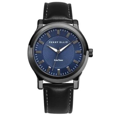 Imagem de Relógio masculino Perry Solar – mostrador azul redondo, pulseira de couro preto, analógico resistente à água