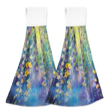 Imagem de xigua Conjunto de 2 toalhas de cozinha coloridas de flores silvestres, toalhas de cozinha macias e absorventes rápidas com laço para pendurar e adesivos mágicos, toalhas de mão de pano para pendurar