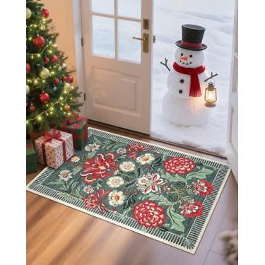 Imagem de GarveeHome Tapete de porta floral cinza verde 5 x 7 cm para entrada pequeno vintage boho chalé lavável antiderrapante tapete de pelo baixo para quarto, cozinha, banheiro, entrada