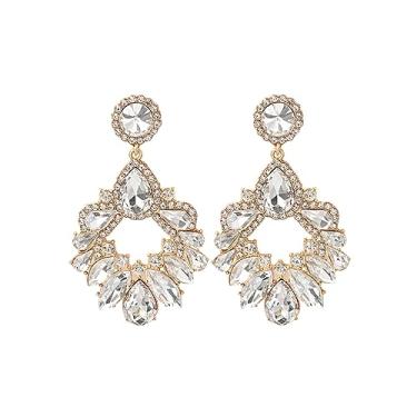 Imagem de Brincos de strass pendurados para mulheres, brincos vintage chiques de cristal com pingente de gota de strass vintage brincos pendentes de lágrima brilhantes brincos de cristal para mulheres casamento