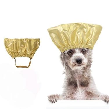 Imagem de KUNBIUH Touca de banho para animais de estimação - Touca de banho reutilizável para cães com alça ajustável para evitar água nas orelhas, arnês elástico para gato, cachorro, gatinho, filhote (dourado