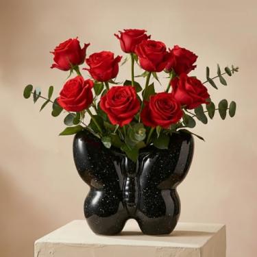 Imagem de Potiera Vaso de borboleta preta, vasos de flores decorativos de cerâmica para decoração de casa, vaso de fazenda moderno para centros de mesa, sala de jantar, cozinha, mesa de café, escritório, casa