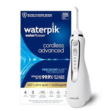 Imagem de Waterpik Fio dental Advanced 2.0 sem fio para dentes, gengivas, aparelhos, cuidados dentários com bolsa de viagem e 4 pontas, aceito pela ADA, recarregável, portátil e impermeável, branco WP-580,