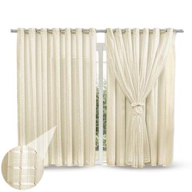 Imagem de Cortina 6 Metros Xadrez Voil Com Forro de Tecido - Branca e Palha - Ca