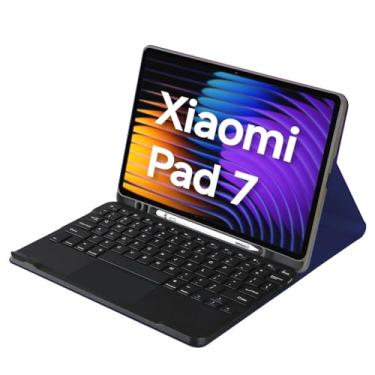 Imagem de Capa Smart Case Com Teclado – Teclado ABNT2 com Touchpad, Conexão Bluetooth, Capa Magnética Suporte, Couro PU (Azul-marinho) - Compativel com Xiaomi Pad 7/7 Pro