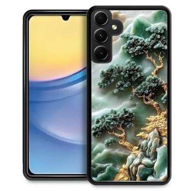 Imagem de CARLOCA Capa compatível com Samsung Galaxy A15 para meninas à prova de choque antiarranhões capa traseira rígida de PC estética padrão de árvore dourada montanhas textura mármore verde
