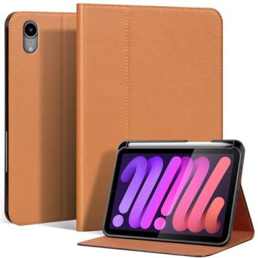 Imagem de XFYKJIN Capa de couro genuíno para iPad mini 7 (A17 Pro) 2024 iPad mini 6ª geração 2021 com suporte para lápis, capa protetora à prova de choque inteligente com suporte ajustável – Ativar/desativar