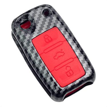 Imagem de SK CUSTOM Capa Smart Key Fob compatível com VW Beetle CC EOS Jetta Golf GTI Jetta Passat Phaeton R32 Rabbit TIGUAN Touareg Capa protetora padrão de fibra de carbono plástico vermelho silicone