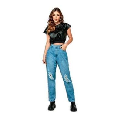 Imagem de CALÇA JEANS MOM FEMININA CINTURA ALTA TACHAS LATERAIS 22416 38 MÉDIA UNICA-Feminino