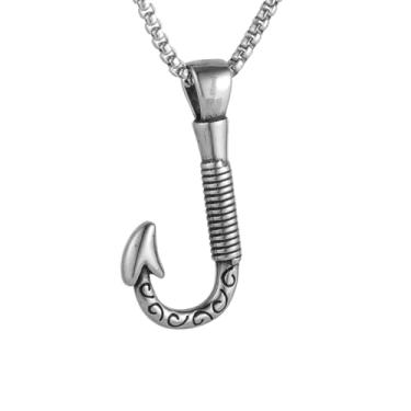 Imagem de Colar com pingente de anzol havaiano masculino e feminino com padrões requintadamente esculpidos no pingente, aço inoxidável 316L, corrente de pérola quadrada de aço inoxidável prata, presente de joia