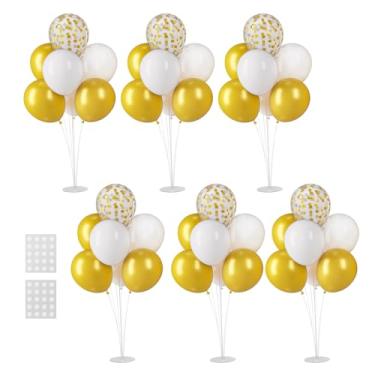 Imagem de Voircoloria 6 Conjuntos De Kits Suporte Para Balões, Bastões Balão Com Base Centro Mesa, Formatura, Aniversário, Chá Bebê, Decoração Festa Revelação Gênero (Branco E Dourado)