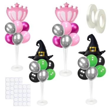 Imagem de Conjunto de 4 kits de mesa de bruxa malvada para centros de mesa de balões, conjunto de 4 chapéus de bruxa rosa e verde, coroa de princesa, balão, decorações de festa de aniversário