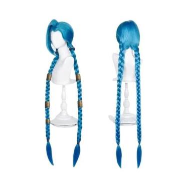 Imagem de Peruca Cosplay LOL Jinx Azul Longa Trançada, Cabelo Sintético Resisten