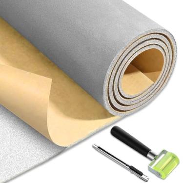 Imagem de Datanly Tecido autoadesivo de forro de cabeça de camurça 91 × 152 cm, substituição do forro de camurça com suporte de espuma, material de substituição de teto automático com rolo e faca para carro
