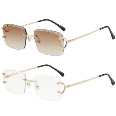 Imagem de FLJMRAVER Óculos de sol retangulares retrô sem aro para homens e mulheres, luxuosos, sem moldura, quadrados, modernos, com corte de diamante, B2* dourado/marrom gradiente + dourado/transparente, Adult