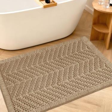 Imagem de Tapete de banheiro de waffle atualizado, 81 cm x 50 cm bege espinha de peixe, tapetes de banheiro super absorventes antiderrapantes de secagem rápida com borlas, tapetes de banho boho ultra macios