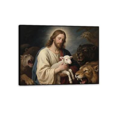 Imagem de Pôster de Jesus Cristão Rei Leão Arte de Parede Religiosa Jesus Cristo Decoração de Parede Espiritual Tela de Cordeiro Leão Imagens de Igreja para Sala de Estar 80 x 60 cm (32 x 24 polegadas) Moldura