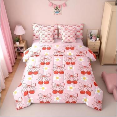 Imagem de Erosebridal Conjunto de edredom completo com laço vermelho, 7 peças, com lençóis, cereja e laços, decoração de quarto kawaii, fofo, floral, rosa, cama com laço em uma bolsa com elástico + lençol de