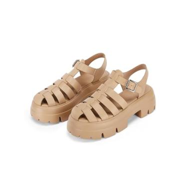 Imagem de Coutgo Sandália feminina plataforma pescador sola grossa salto gladiador tira no tornozelo sandália de bico fechado verão Y2K sapatos, Caqui, 35