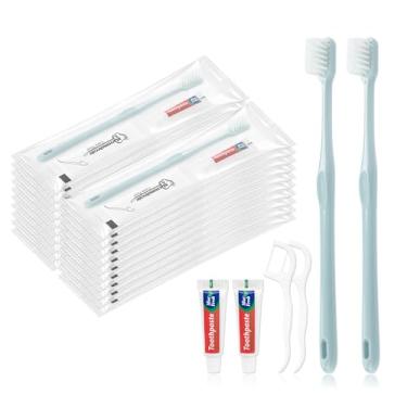 Imagem de Lomgwumy Escovas de dentes descartáveis com pasta de dente, kit de escova de dentes para viagem, embalado individualmente, cinza claro, com palhetas de fio dental, adequado para hotel, casa