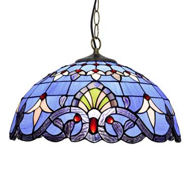 Imagem de Lustre barroco estilo Tiffany, luminária pendente vintage em vitral azul, altura ajustável, lâmpada de teto LED E27 para decoração de sala de estar, quarto e sala de jantar, 40 cm