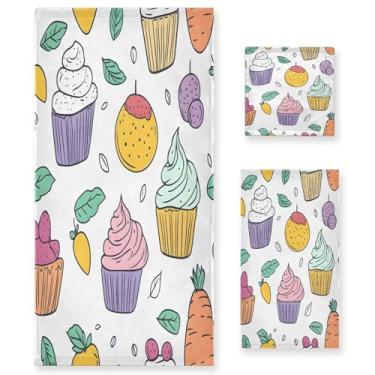 Imagem de xigua Lindo conjunto de toalhas de banheiro Cupcakes absorventes macios 3 peças toalha de banho toalha de mão toalhas decorativas para banheiro, academia, hotel, praia, piscina