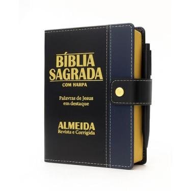 Imagem de Bíblia Sagrada Letra Grande Botão Preta C/ Azul C/ Harpa - REI DAS BIB