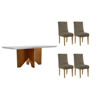 Imagem de Mesa Cozinha Nevada c/ Tampo Madeirado c/ Vidro Canto Curvo 120x80cm e 4 Cadeiras Maldivas Madeira Maciça Naturale/Off White - Capuccino/Suede Capucci