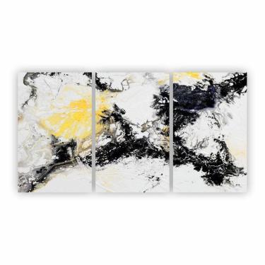Imagem de Quadro Abstrato Manchas Preto Branco Amarelo Canvas 125X65Cm
