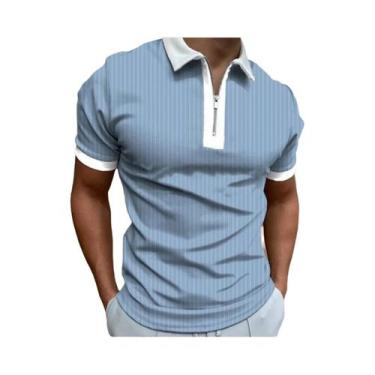 Imagem de Camisa Polo Masculina De Verão Com Padrão Listrado, Manga Curta, Zíper